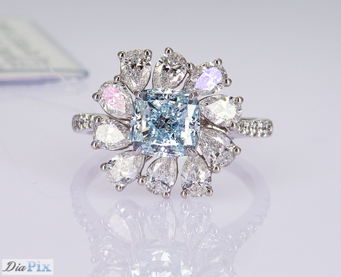 3.284ct คูชั่นตัด สกายสีฟ้า CVD แหวนเพชรสังเคราะห์